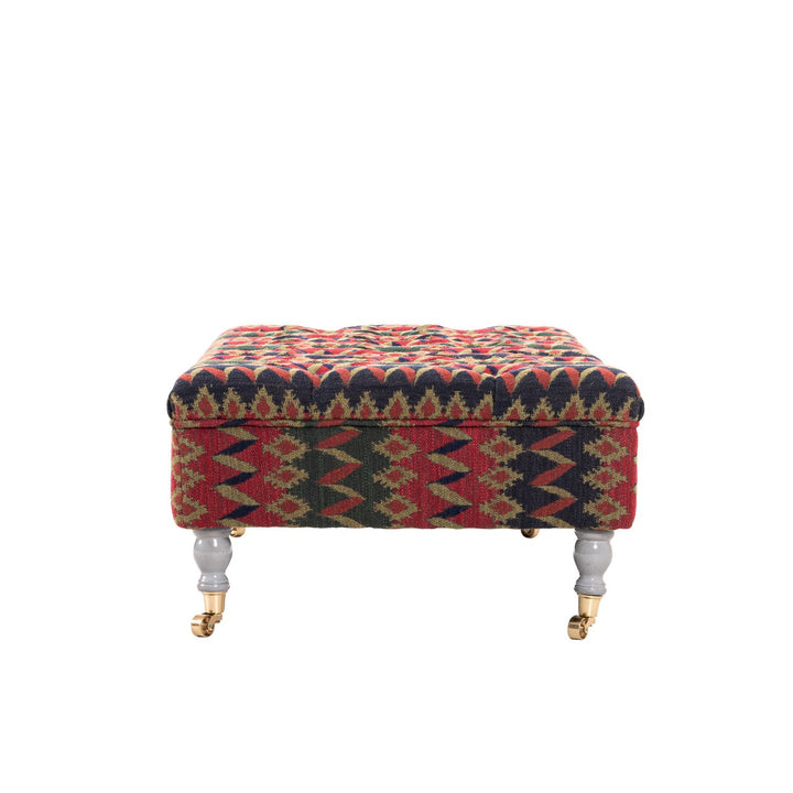 mind-the-gap-Tyrol-collection-Saray-jacquard-red-blue-green-gold-castor-legs-tufted-ottoman-footstool-winter-apres-ski-chalet-cabin-style-nordic