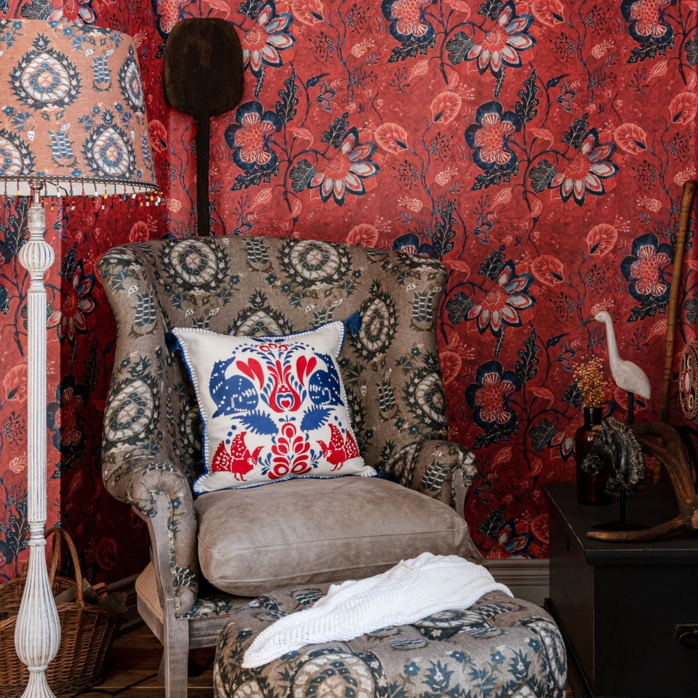 mind-the-gap-saxon-tapestry-wallpaper-transylvanian-roots-collection-floral-red-blue-rustic-hand-painted-folk-couture-maximalist-statement-interior
