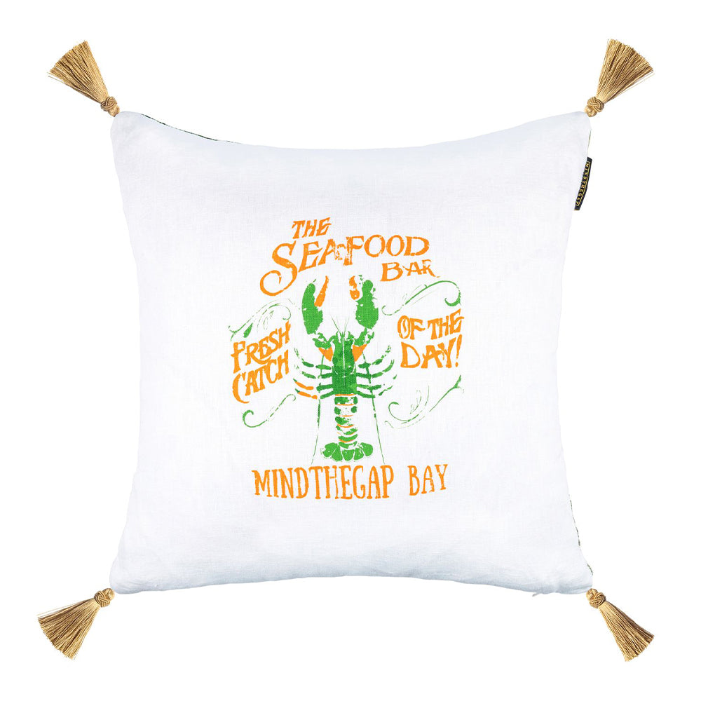 mind the gap linen cushion the seafood bar madagascar double sided cushion green orange and white with gold tassels