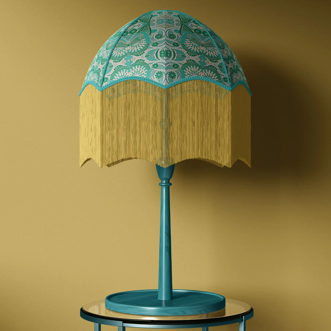 Tatie-lou-esprit-sea-green-fringed-parachute-lampshade-retro-geometric-pattern-yellow-fringed-velvet-vintage-style