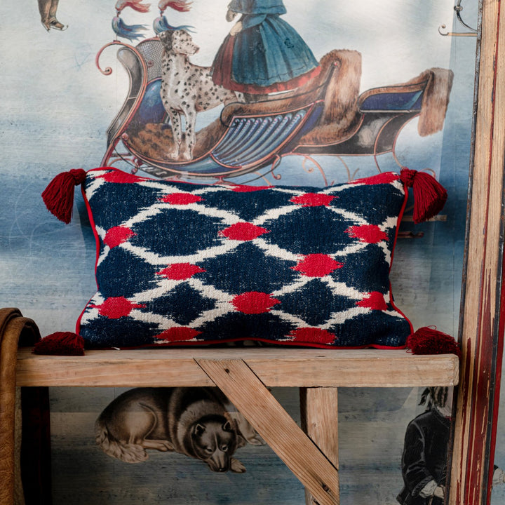 Mind-the-gap-Tyrol-collection-seebensee-cushion-jacquard-style-tassels-red-white-navy-chalet-alpine-cabin-style-50x30cm