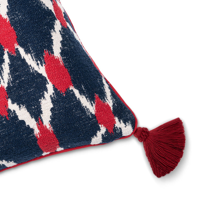 Mind-the-gap-Tyrol-collection-seebensee-cushion-jacquard-style-tassels-red-white-navy-chalet-alpine-cabin-style-50x50cm