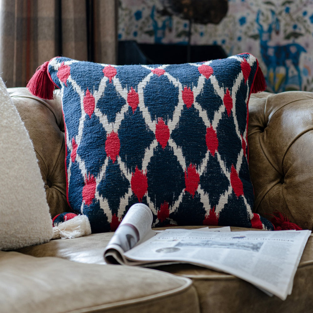 Mind-the-gap-Tyrol-collection-seebensee-cushion-jacquard-style-tassels-red-white-navy-chalet-alpine-cabin-style-50x50cm 
