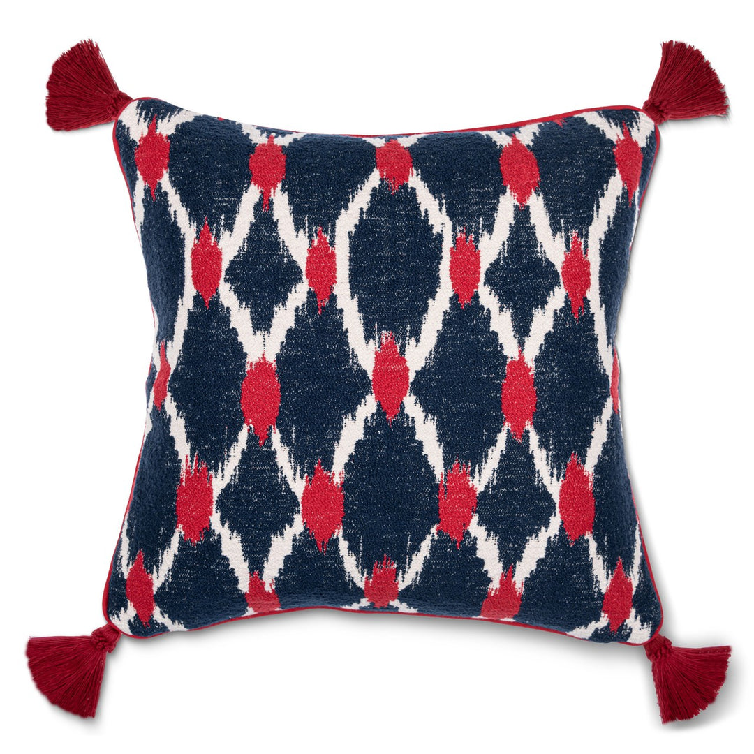 Mind-the-gap-Tyrol-collection-seebensee-cushion-jacquard-style-tassels-red-white-navy-chalet-alpine-cabin-style-50x50cm