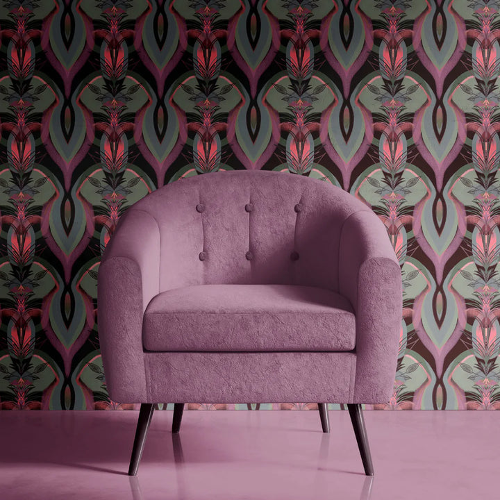 Tatie-Lou-wallpaper-Soltar-desiner-pattern-art-deco-repeat-glamourous-leaf-graphic-designer-british-UK-artisan-retro-pink-raspberry-black-sage