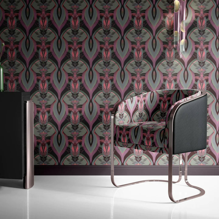 Tatie-Lou-wallpaper-Soltar-desiner-pattern-art-deco-repeat-glamourous-leaf-graphic-designer-british-UK-artisan-retro-pink-raspberry-black-sage