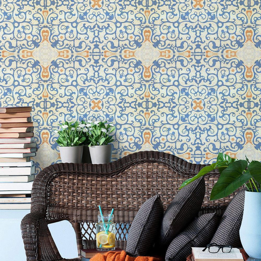 mind-the-gap-spanish-tile-wallpaper-from-world-culture-collection-blue-and-orange-room