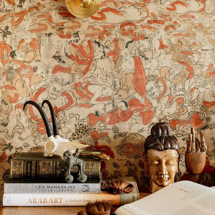 mind-the-gap-spiritual-journey-wallpaper-the-curators-cabinet-collection-abstract-squiggle-closer-look-hand-drawn-characters-orange-taupe-brown-maximalist-statement-interior