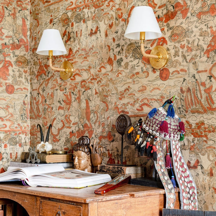 mind-the-gap-spiritual-journey-wallpaper-the-curators-cabinet-collection-abstract-squiggle-closer-look-hand-drawn-characters-orange-taupe-brown-maximalist-statement-interior