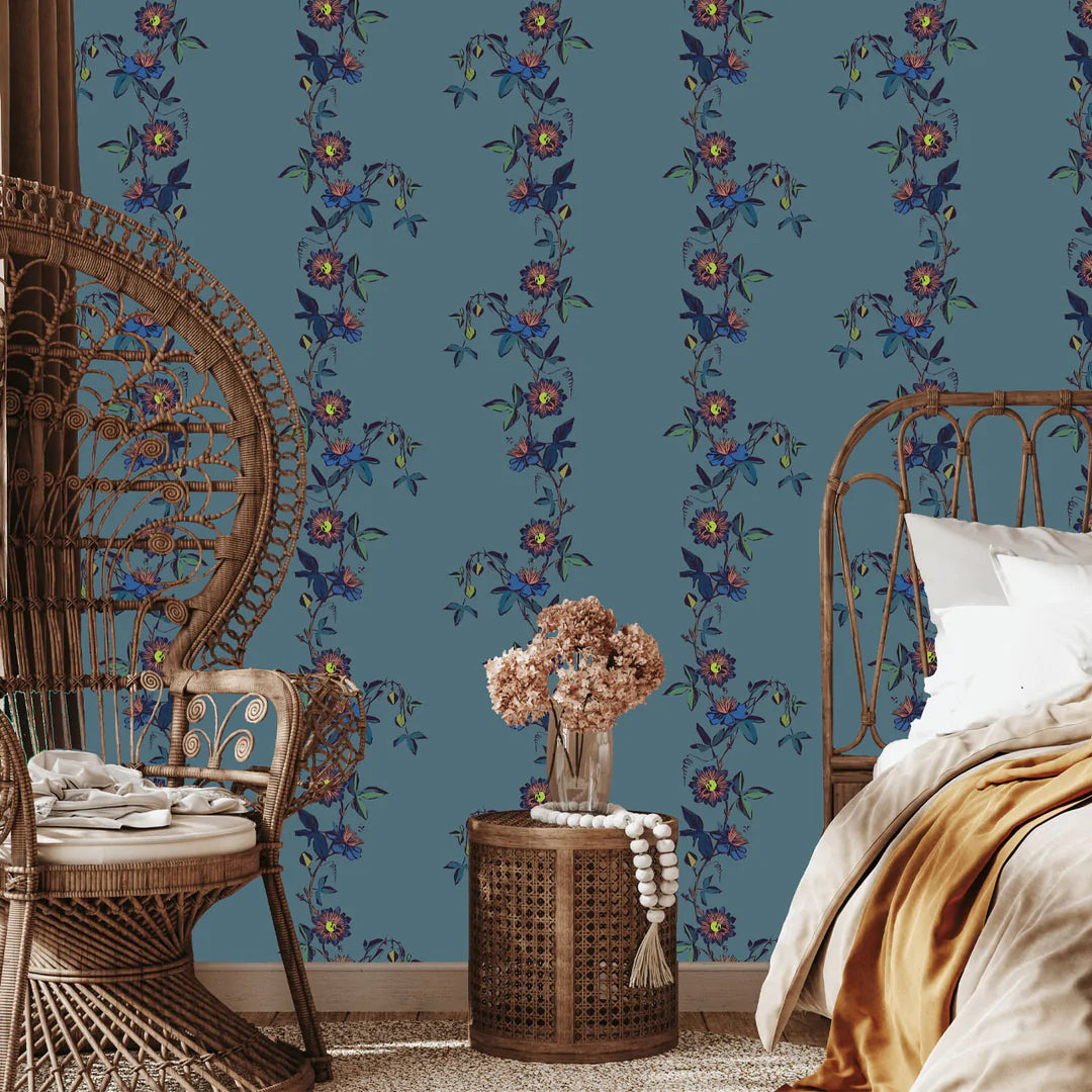 Tatie-Lou-wallpaper-passion-flower-trailing-vines-floral-print-stripe-design-steel-blue