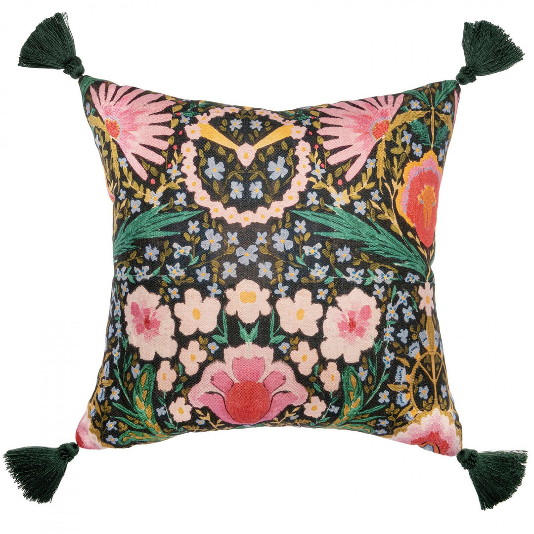 mind-the-gap-woodstock-collection-susie-Q-floral-cushion-tassel-green-background-pink-green-yellow-boho-whimsical-50x50cm 