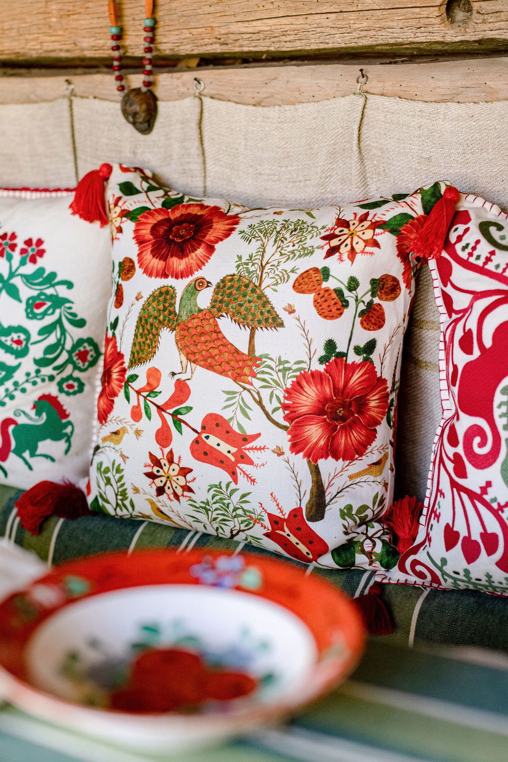 mind-the-gap-linen-cushion-red-green-white-red-tassel-pattern-cushion