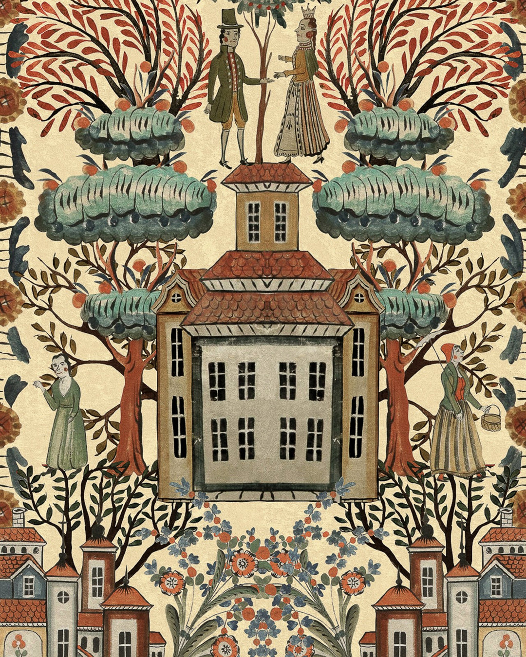 Mind-the-gap-Tyrol-collection-Tales-of-Tyrol-WP20684-cream-village-painting-scene-Nordic-Folklore-architecture-painting-wallpaper-print-Floral-tress-Apres-ski-decr-chalet-cabin-European-folkart- 