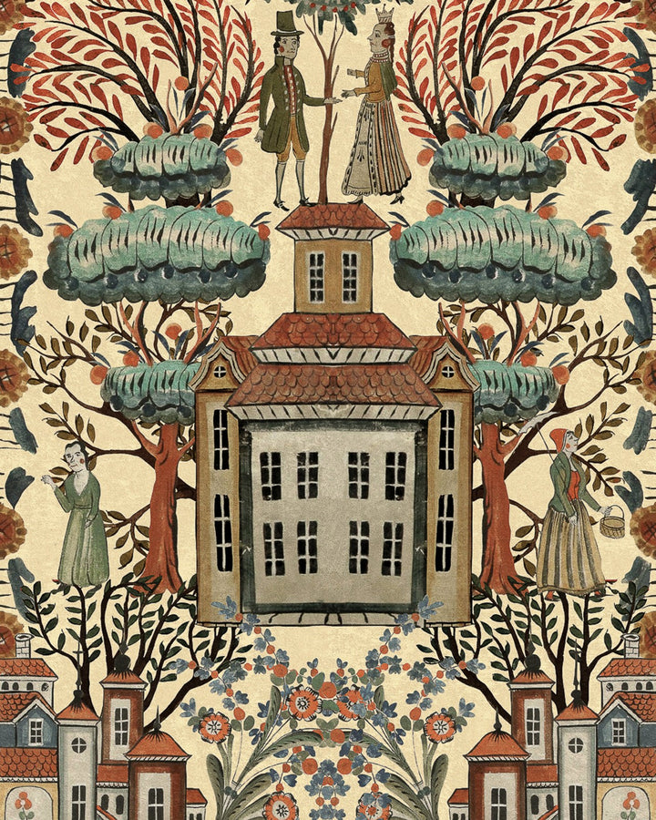 Mind-the-gap-Tyrol-collection-Tales-of-Tyrol-WP20684-cream-village-painting-scene-Nordic-Folklore-architecture-painting-wallpaper-print-Floral-tress-Apres-ski-decr-chalet-cabin-European-folkart- 