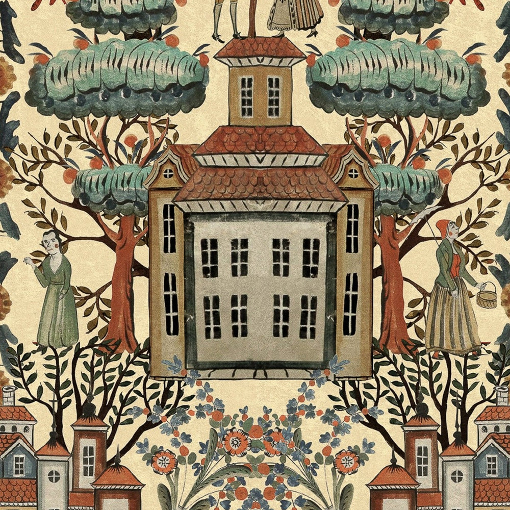 Mind-the-gap-Tyrol-collection-Tales-of-Tyrol-WP20684-cream-village-painting-scene-Nordic-Folklore-architecture-painting-wallpaper-print-Floral-tress-Apres-ski-decr-chalet-cabin-European-folkart-
