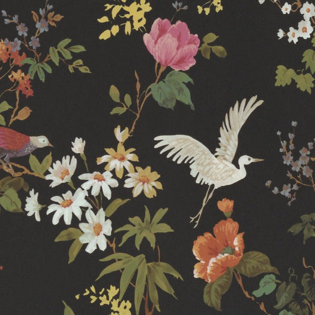BN-Heron-print-flying-birds-garden-blossom-wallpaper-black-background-noir-