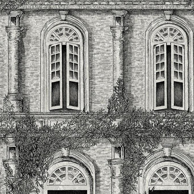 TheArchitecture-wallpaper-architecture-grey-hand-sketch-illustration-brand-mckenzie-wallpaper-windows-balconies-plants-blackandwhite