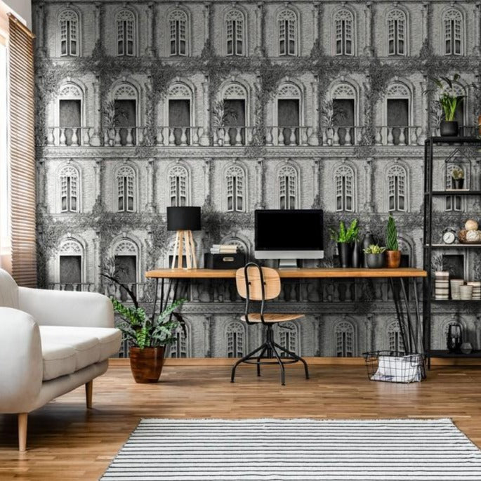 TheArchitecture-wallpaper-architecture-grey-hand-sketch-illustration-brand-mckenzie-wallpaper-windows-balconies-plants-blackandwhite   