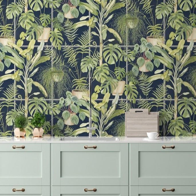 green-house-wallpaper-brand-McKenzie-planters-grid-feature-70's-fern-palm-monstera-banana-hanging-house-plant-pattern-living-wall-midnight -blue