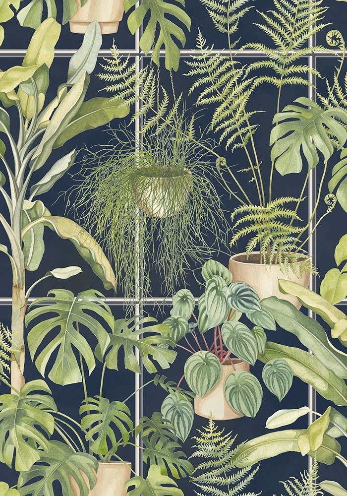 green-house-wallpaper-brand-McKenzie-planters-grid-feature-70's-fern-palm-monstera-banana-hanging-plant-pattern-living-wall