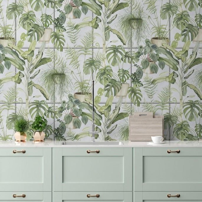 green-house-wallpaper-brand-McKenzie-planters-grid-feature-70's-fern-palm-monstera-banana-hanging-plant-pattern-living-wall