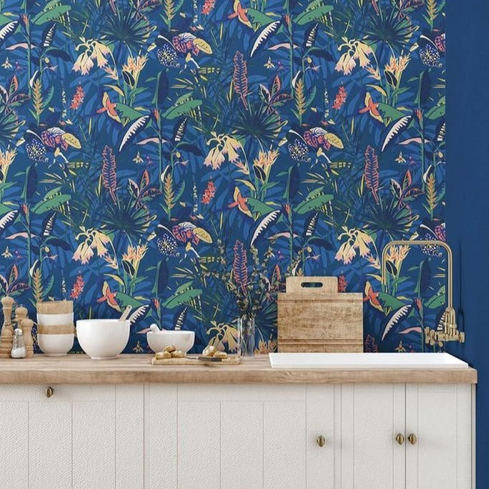 the-tropics-brand-deep-blue-McKenzie-bright-vibrant-jungle-palm-parrot-print- wallpaper-birds-paradise-prints-bold-