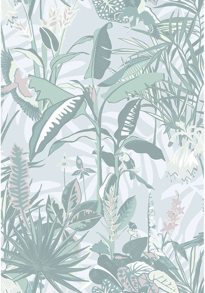 The Tropics-wallpaper-mint-green-brandMcKenzie-palm-birds-tropical-jungle-mints-pastels-botanicall-printed