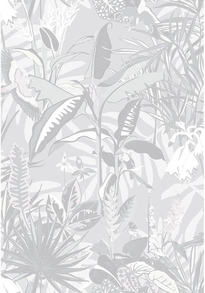The Tropics-wallpaper-Stone-grey-print-tropical-Brand-McKenzie-Botanical-print-birds-jungle-greys-monocrome-plants-biophillia-palm