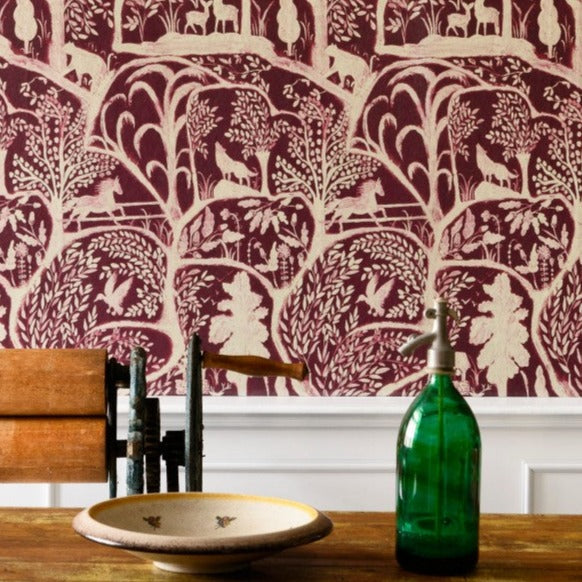 mind-the-gap-the-enchanted-woodland-wallpaper-red-transylvanian-roots-collection-woodland-creatures-animals-folk-couture-hand-painted-maximalist-statement