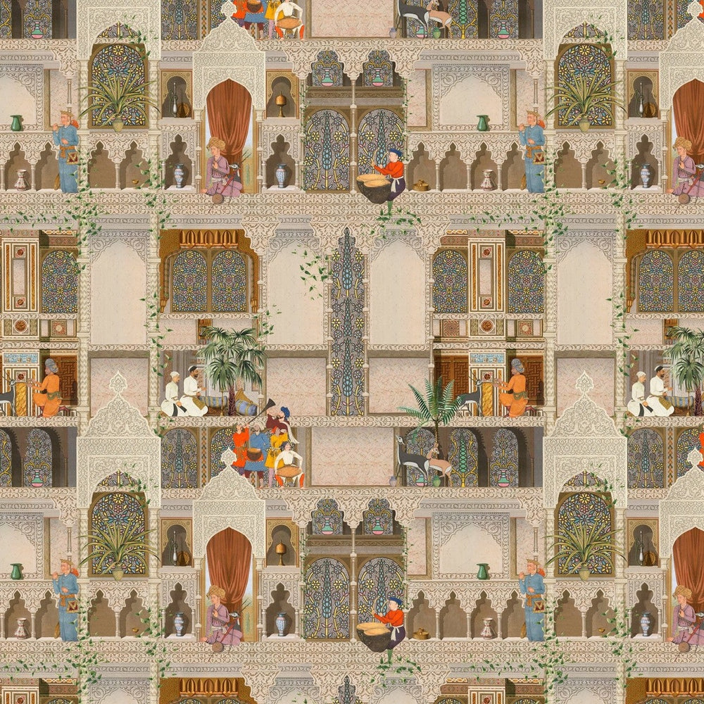 Mind-the-gap-Tales-of-Maghreb-wallpaper-The Kasbah-Arabic-citadels-fortress-traditional-Indian-themed-wallpaper-print-people-courtyard-architectural-palace-stained-glass-mural-traditional