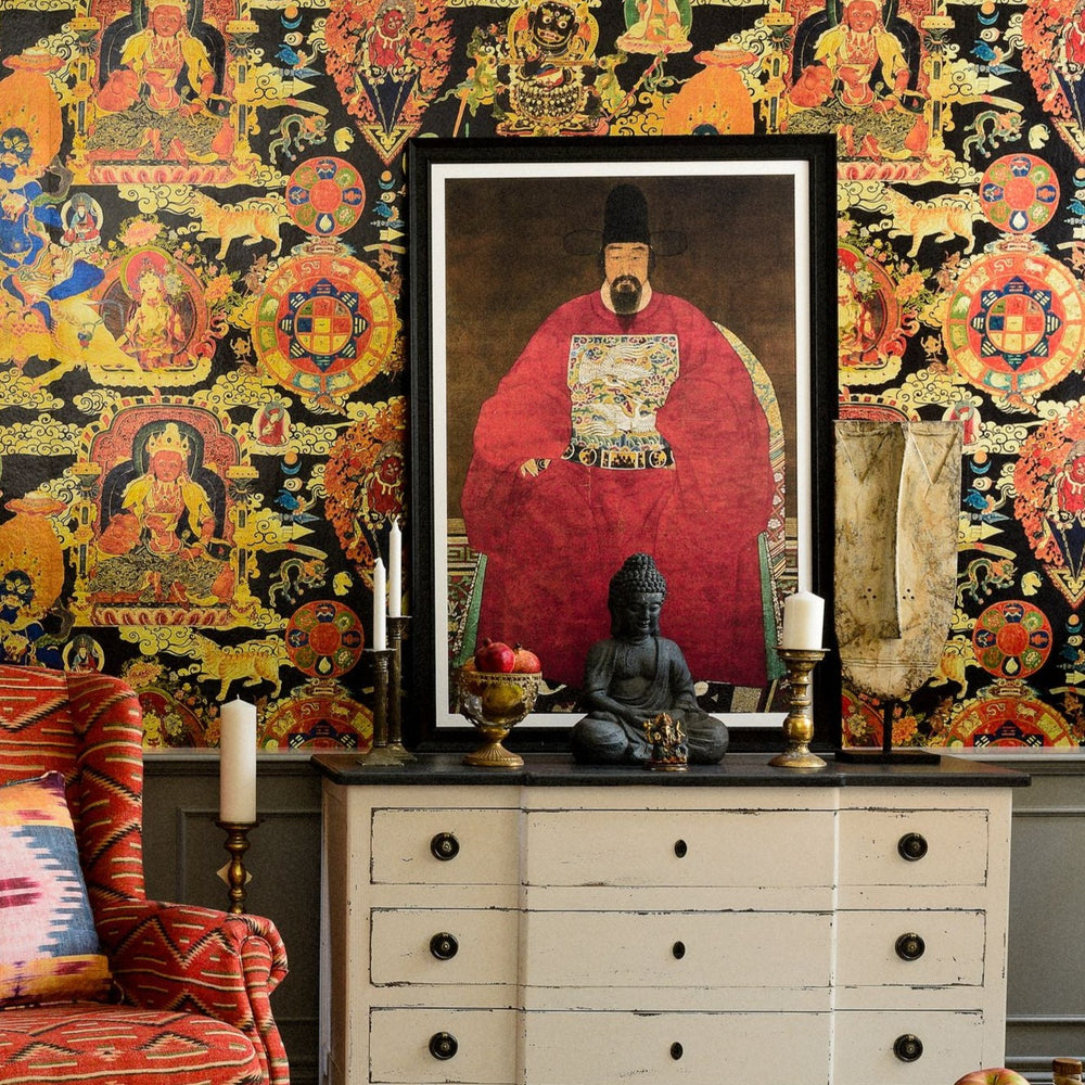 mind-the-gap-tibetan-tapestry-metallic-wallpaper-home-of-an-eccentric-collection-tibetan-symbols-culture-vibrant-colourful-statement-maximalist-interior