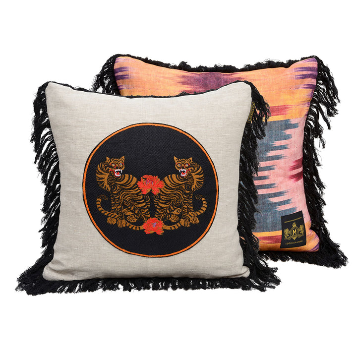 mind the gap embroidered fringed cushion bengal tigers in patola ikat fabric