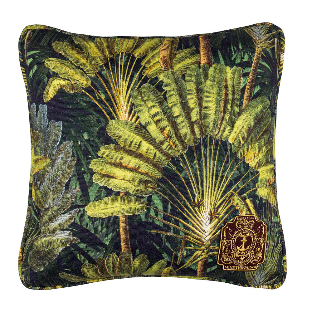 mind the gap linen cushion traveller's palm palm leaf green tropical