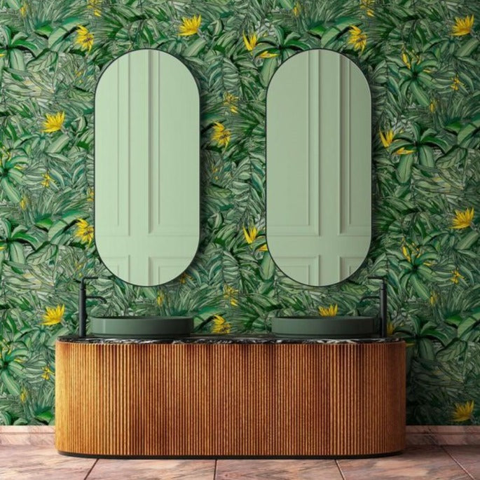 tropical-forest-wallpaper-brand-mckenzie-darkgreenandyellow-jungle-print-canopy-palms-flowers-mural