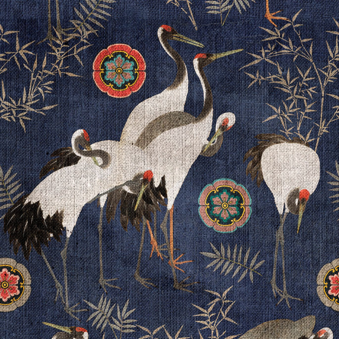 mind-the-gap-tsuru-indigo-wallpaper-world-of-fabrics-collection-japanese-red-crowned-cranes-symbol-of-luck-longevity-fidelity-textured-maximalist-statement