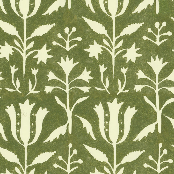 mind-the-gap-green-tulip-floral-folk-tulipan-wallpaper-transylvanian-roots-complementary-collection-herbal-indigo-beechnut-maximalist-statement-interior
