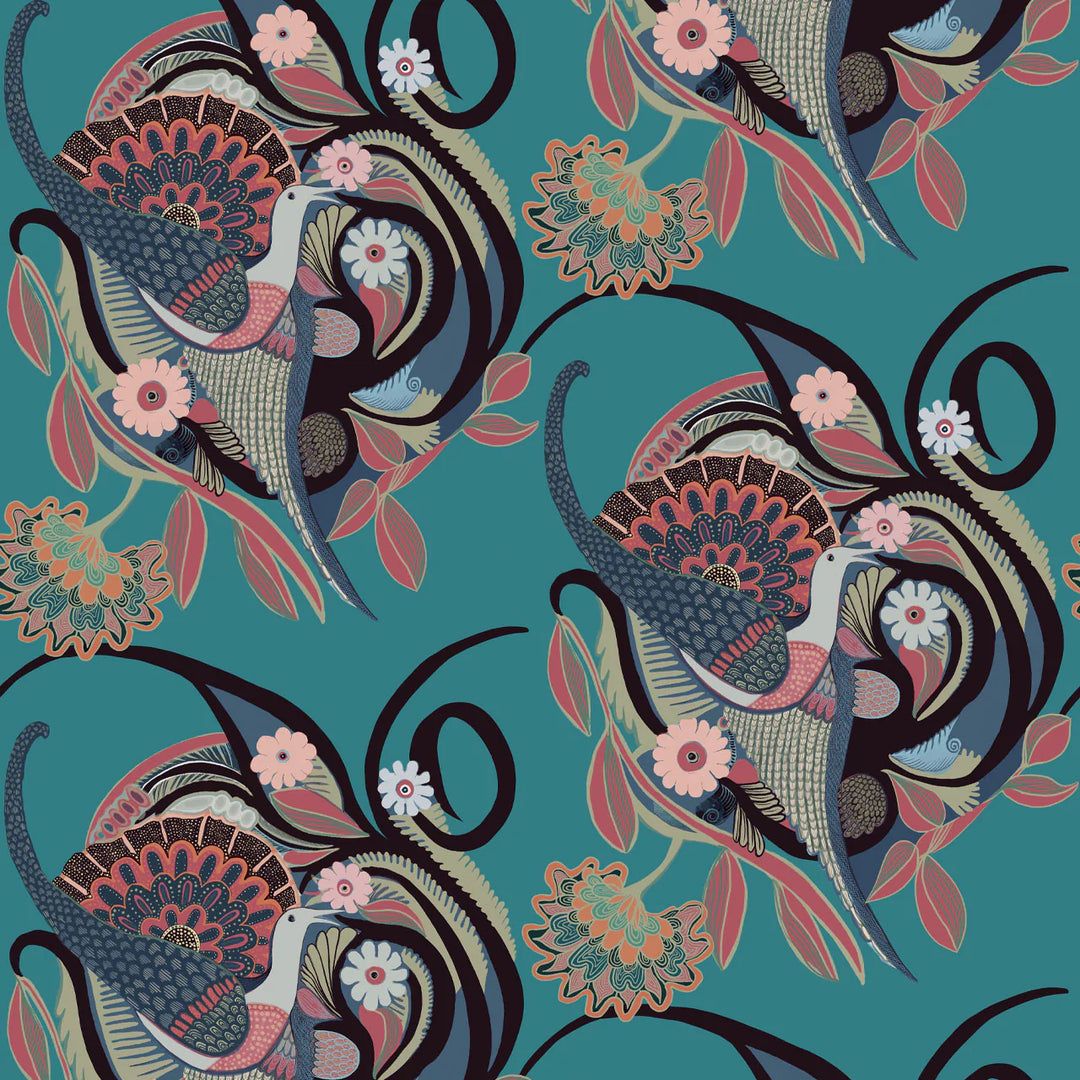 Tatie-Lou-wallpaper-phoenix-bird-pattern-swirl-floral-retro-deco-art-print-turquoise-blue