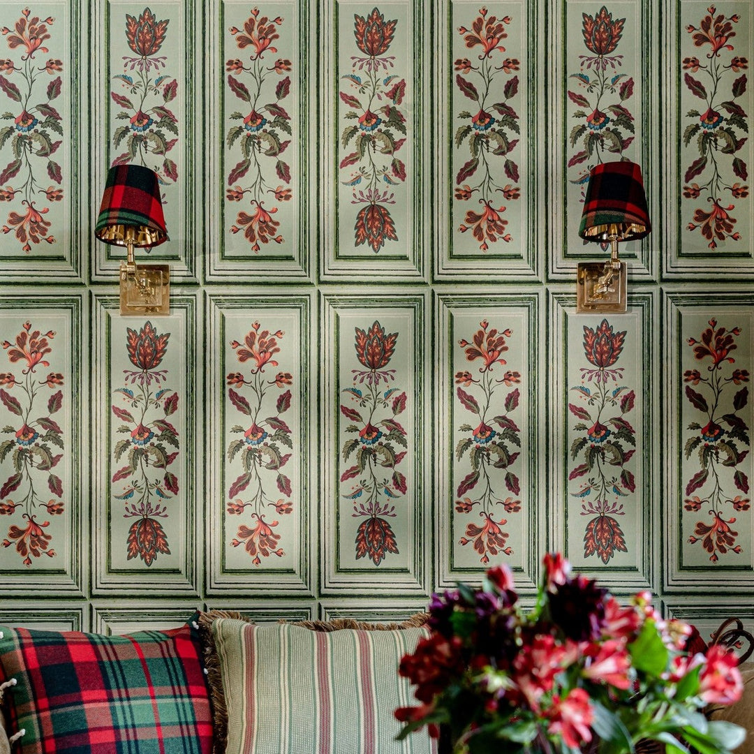mind-the-gap-tyrol-collection-tyrolean-panels-taupe-shutter-look-wallpaper-floral-print-folklore-style-panel-effect-wall-taupe-red-floral-tulip-cabin-chalet-style 