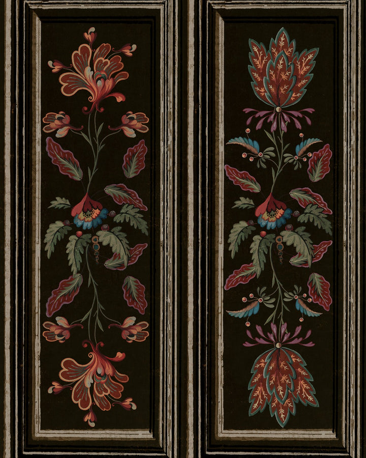 Mind-the-gap-Tyrol-collection-Tyrolean-paWP20700nels-black-floral-painterly-panel-effect-shutters-wallpaper-folklore-prints-black-red-florals-alpine-printed-chalet-cabin-style-