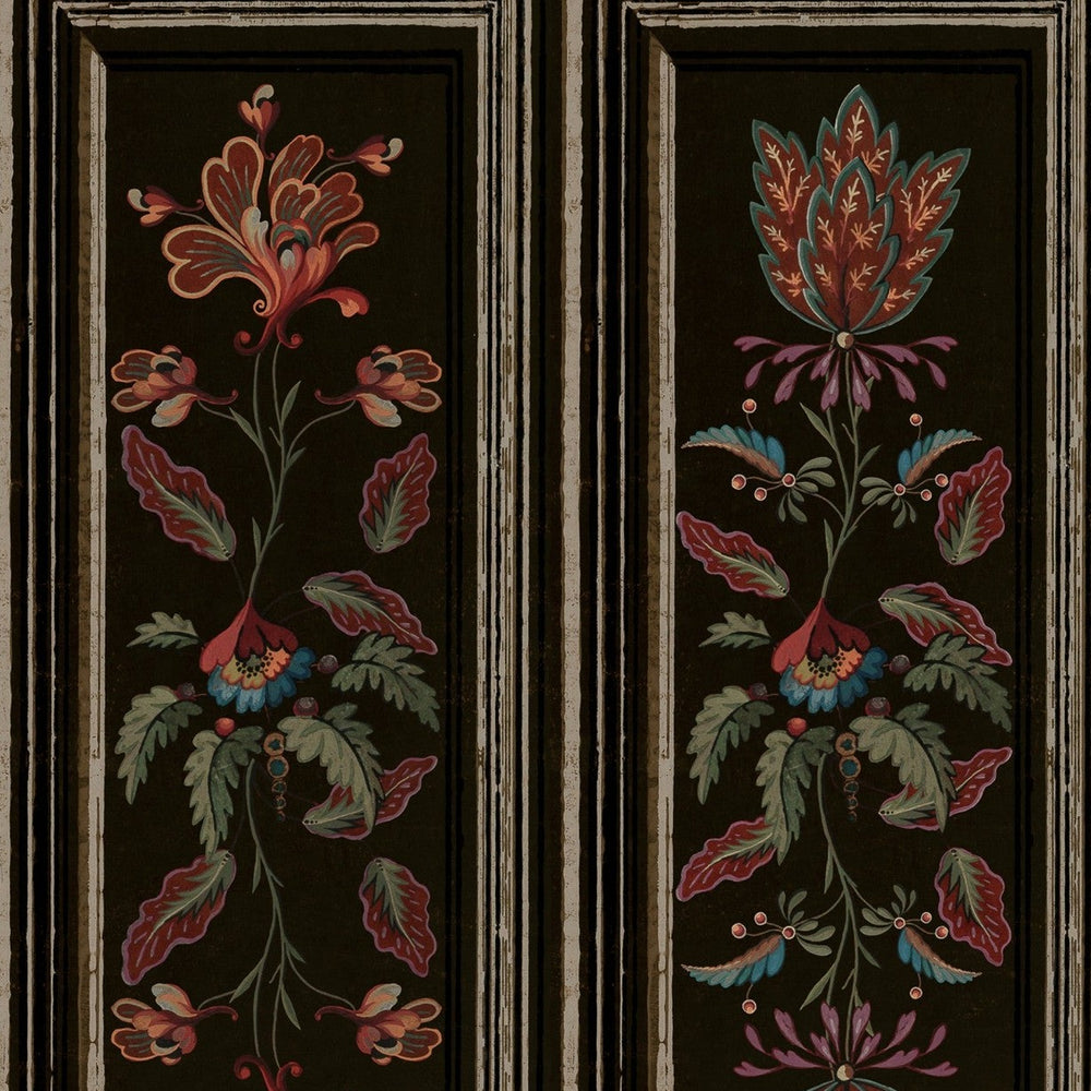 Mind-the-gap-Tyrol-collection-Tyrolean-paWP20700nels-black-floral-painterly-panel-effect-shutters-wallpaper-folklore-prints-black-red-florals-alpine-printed-chalet-cabin-style-