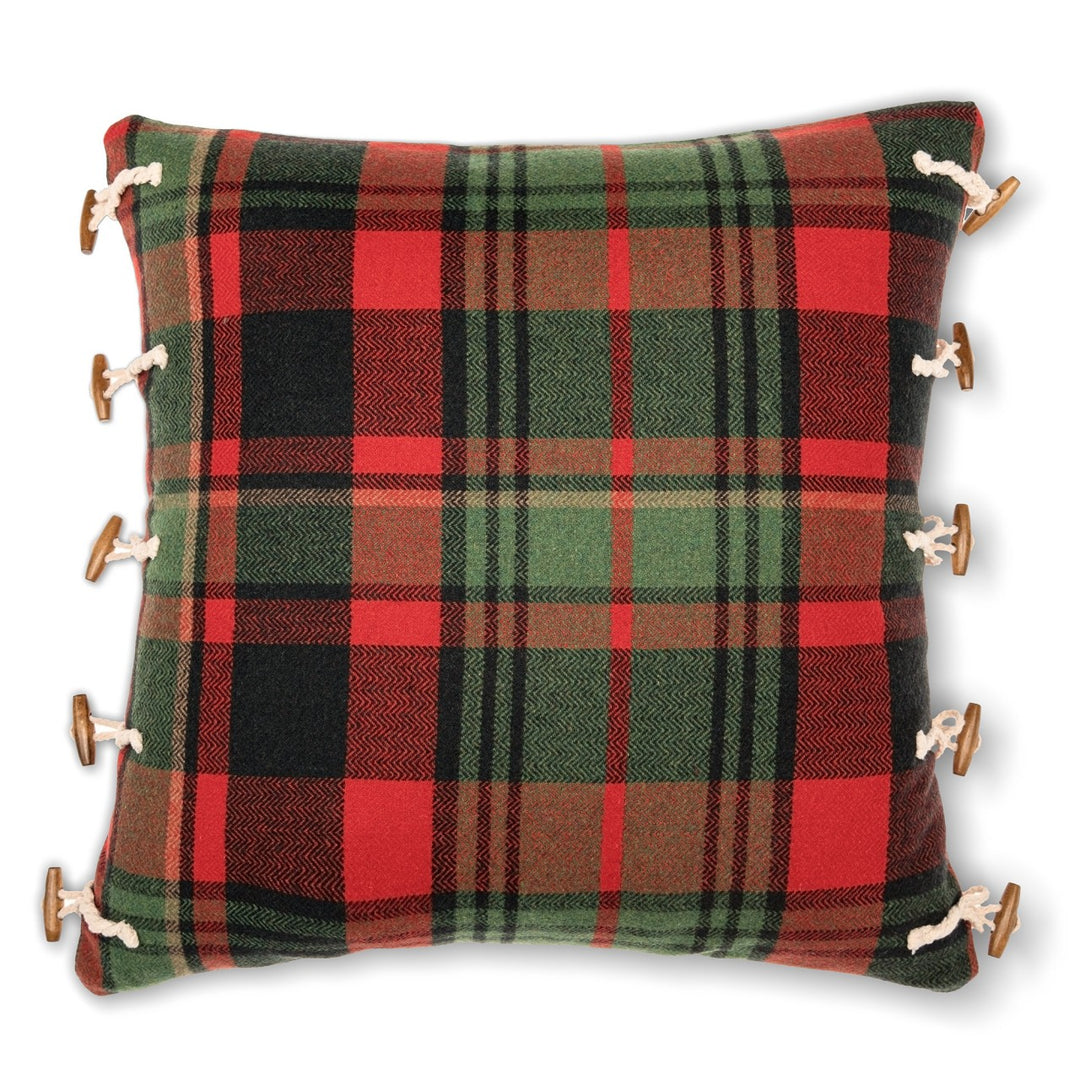 mind-the-gap-Tyrol-collection-Tyrolean-plaid-tartan-cushion-toggle-buttons-wooden-rope-detailing-ski-crest-alpine-badge-red-green-plaid-chalet-cabin-style