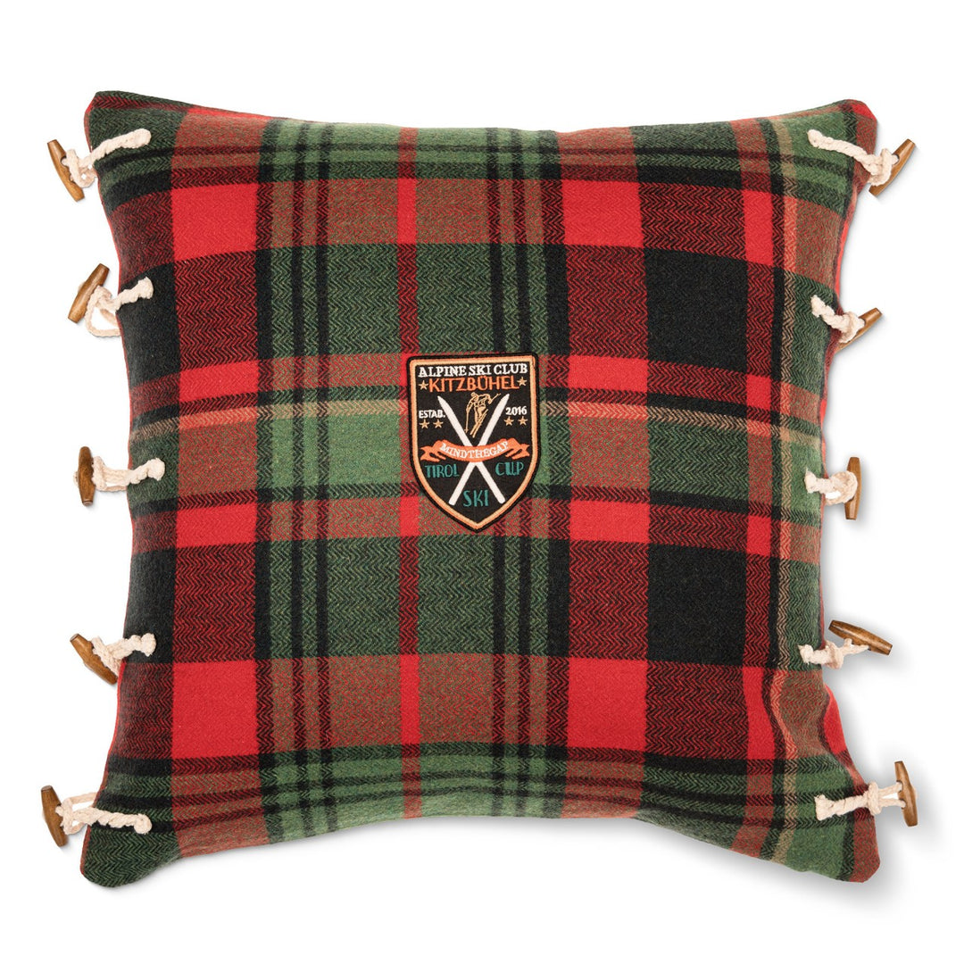 mind-the-gap-Tyrol-collection-Tyrolean-plaid-tartan-cushion-toggle-buttons-wooden-rope-detailing-ski-crest-alpine-badge-red-green-plaid-chalet-cabin-style