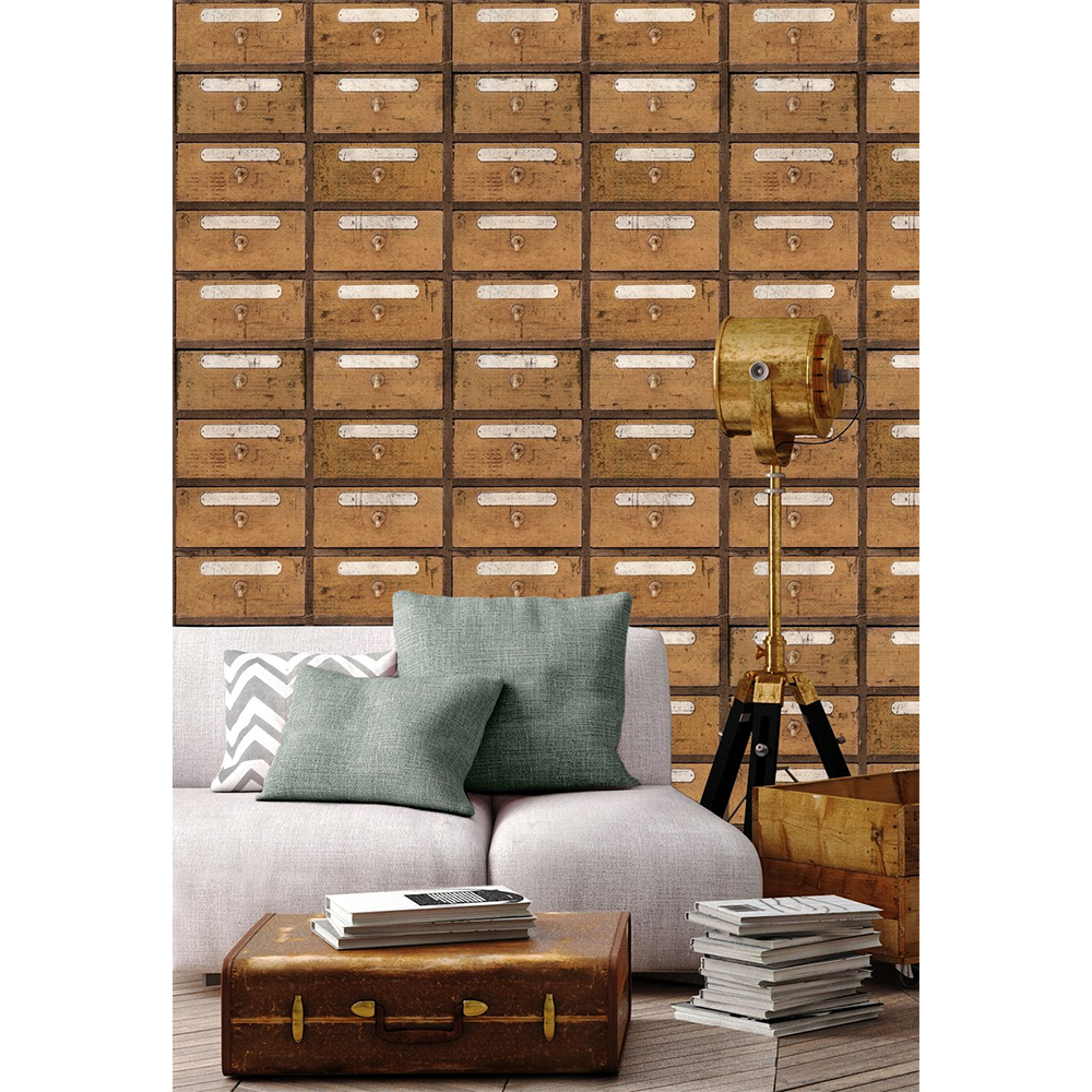 mind-the-gap-vintage-pharmacy-wallpaper-eceltic-collection-warm-tones-beige-brown-white-organised-storage-room