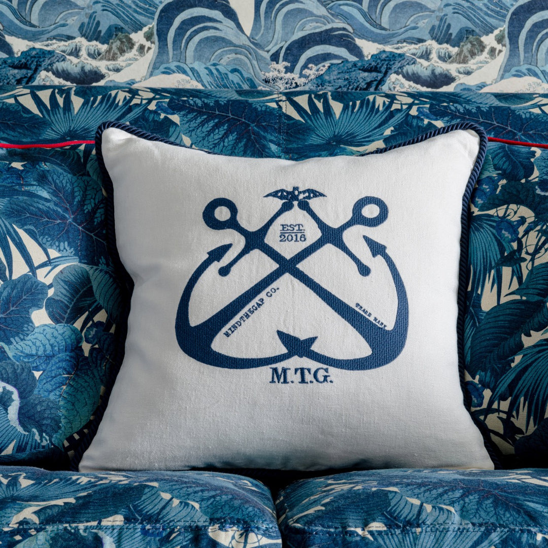 Mind-the-gap-vintage-anchors-white-linen-embroidered0cushion-blue-rope-trim-LC40106-double-anchor-logo-50x50cm