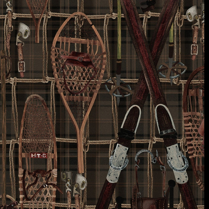 Mind-the-gap-Tyrol-collection-WP20696-Vintage-Skiing-wall-mural-lodge-look-apres-ski-alpinr-chalet-cabin-snowshoes-sporting-equiptment-distresses-boot-room-wallpaper