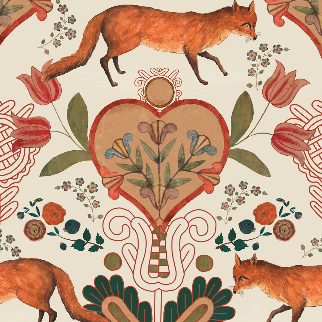 mind-the-gap-the-vixen-wallpaper-transylvanian-roots-collection-woodland-creatures-animals-hand-drawn-painted-fox-florals-folk-couture-maximalist-statement-interior