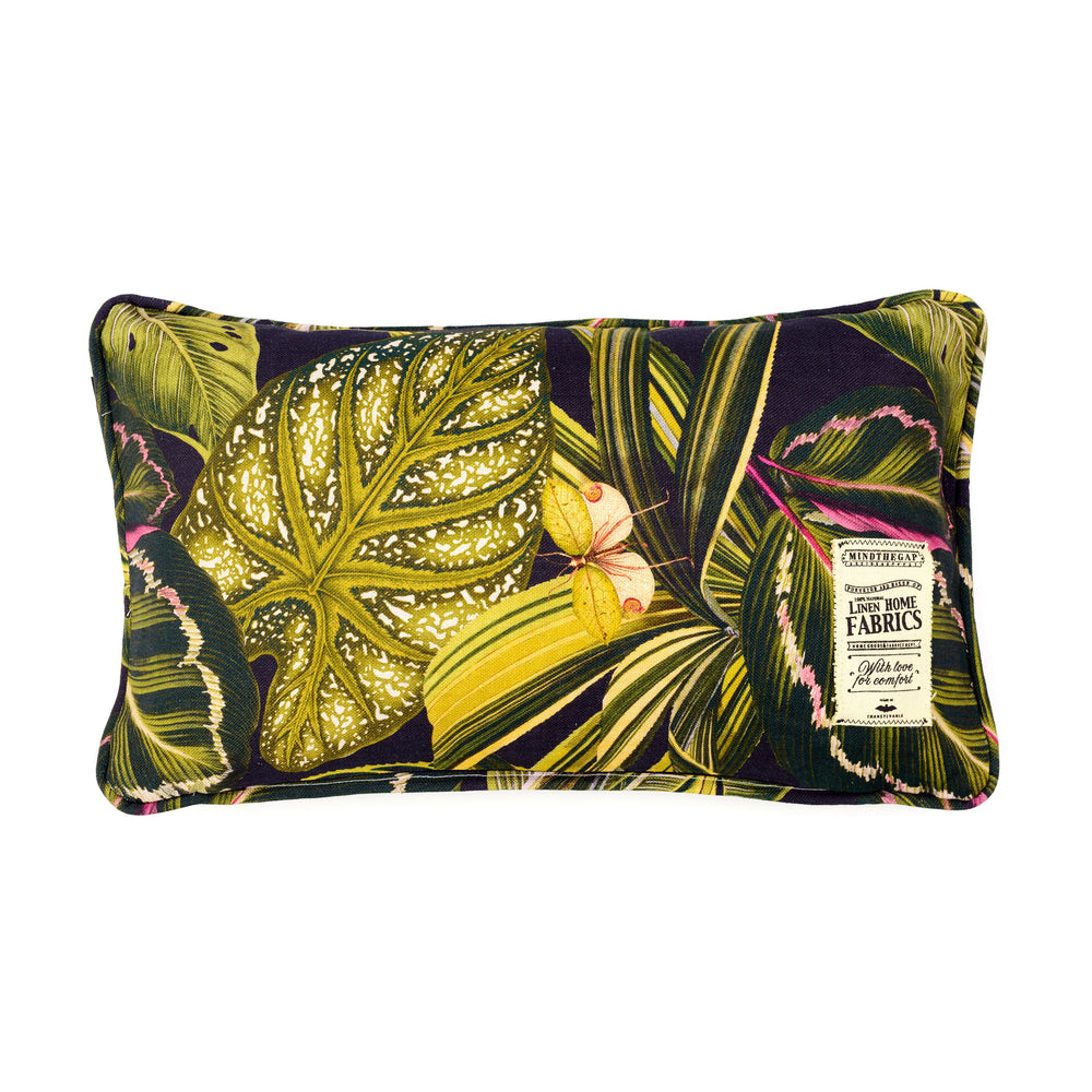 mind the gap linen cushions amazonia tropical leaf green pink black