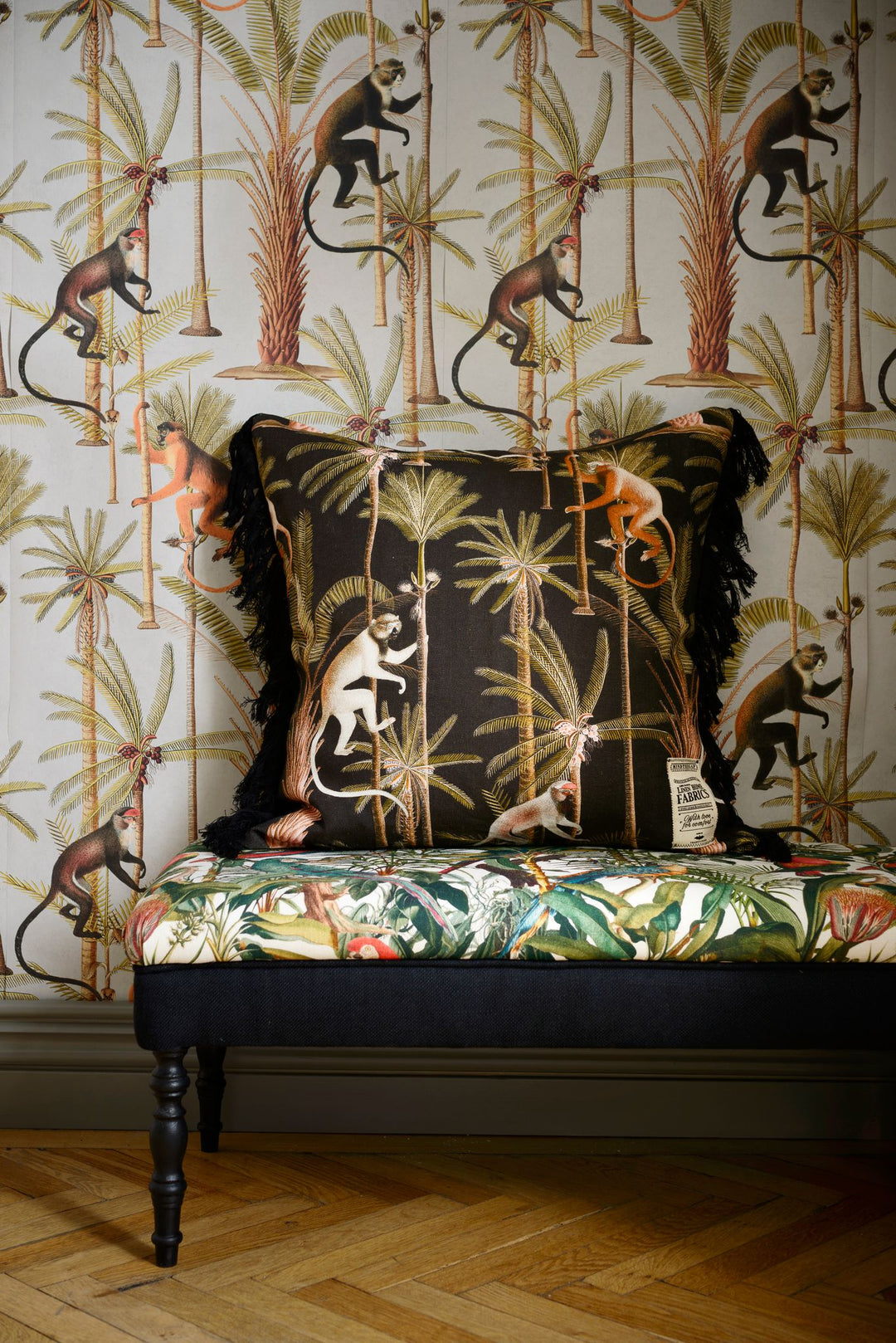 mind the gap anthracite linen fabric barbados monkeys and palm trees