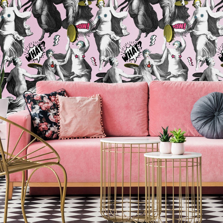 mind-the-gap-watch-out-pink-wallpaper-nouvelle-pop-collection-pop-art-statues-humour-vibrant-colour-maximalist-statement-interior