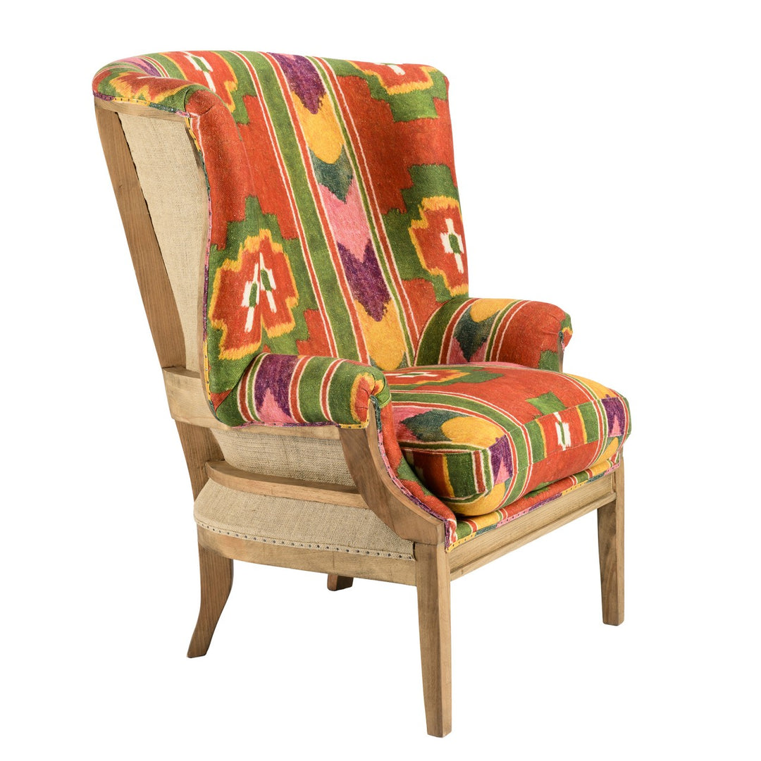 mind-the-gap-william-deconstructed-wing-chair-erdely-linen-bright-red-green-yellow-ikat-pattern-open-exposed-distressed-look-chair- FR00067-FB00036